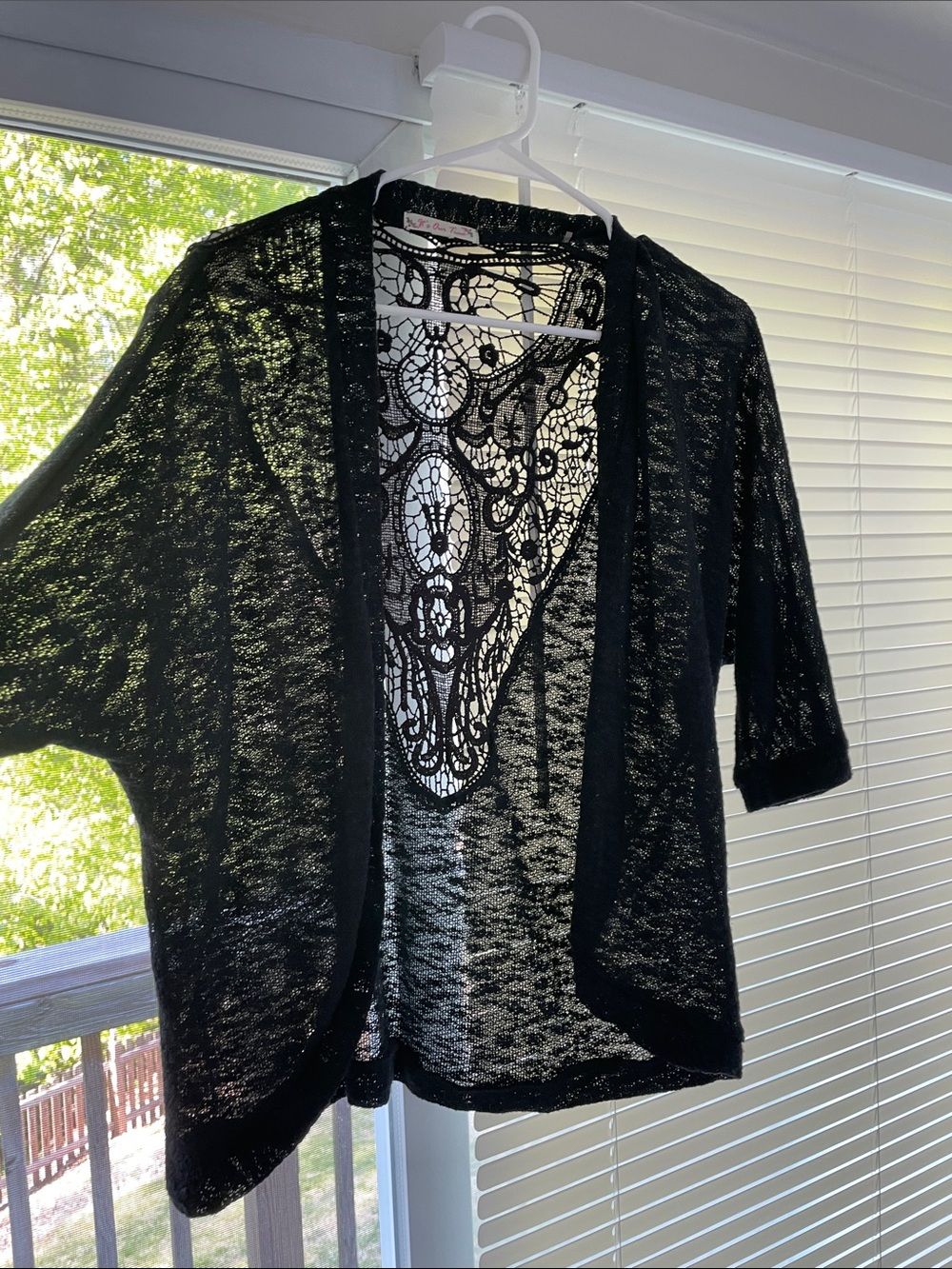 It's Our Time Black Lace-Back Open Cardigan, short sleeves